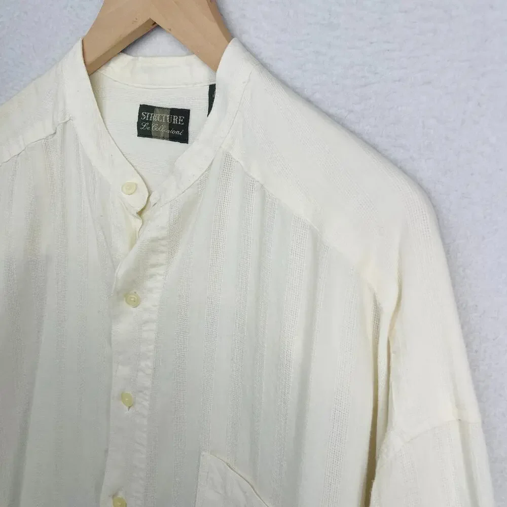 STRUCTURE Shirt Mens XL Cotton Dobby Striped Band Collar Button Up Off White VTG_3